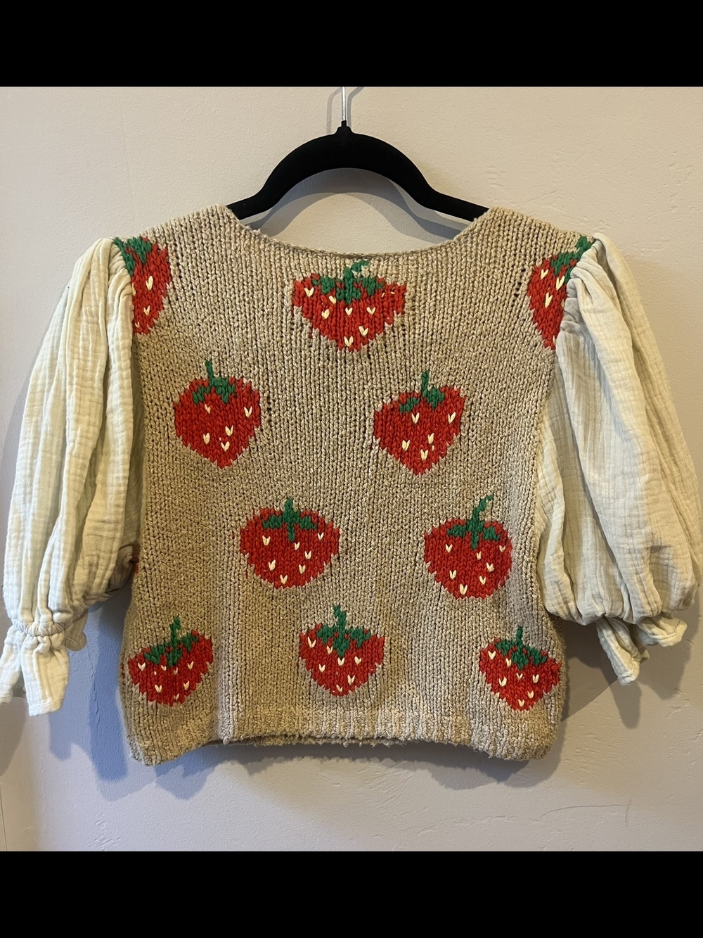 Free People Beige Knit Strawberry V-Neck Cropped Sweater Vest with Puff Sleeves - Picture 2 of 2